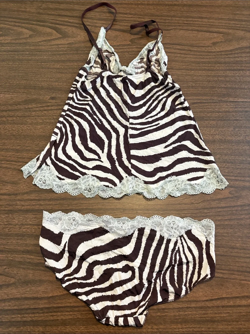 Jezebel Small Medium Zebra Print Lace Trim Cami & Brief Set Brown Blue